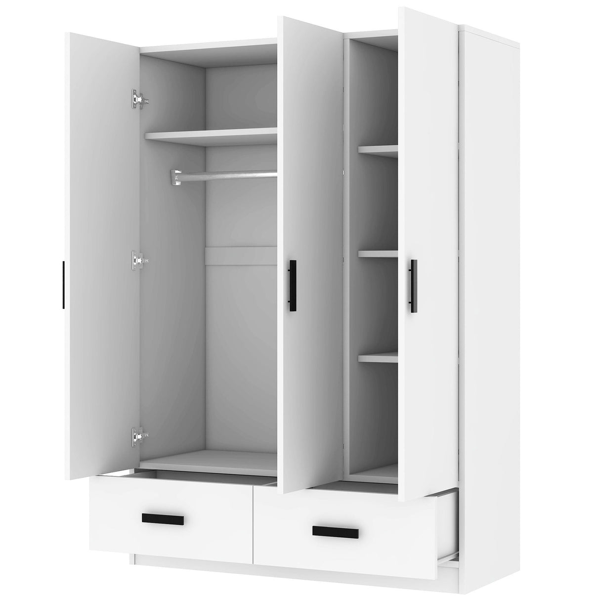 3 Door Wardrobe Closet With Storage Drawers, Shelves And Hanging Rod - White