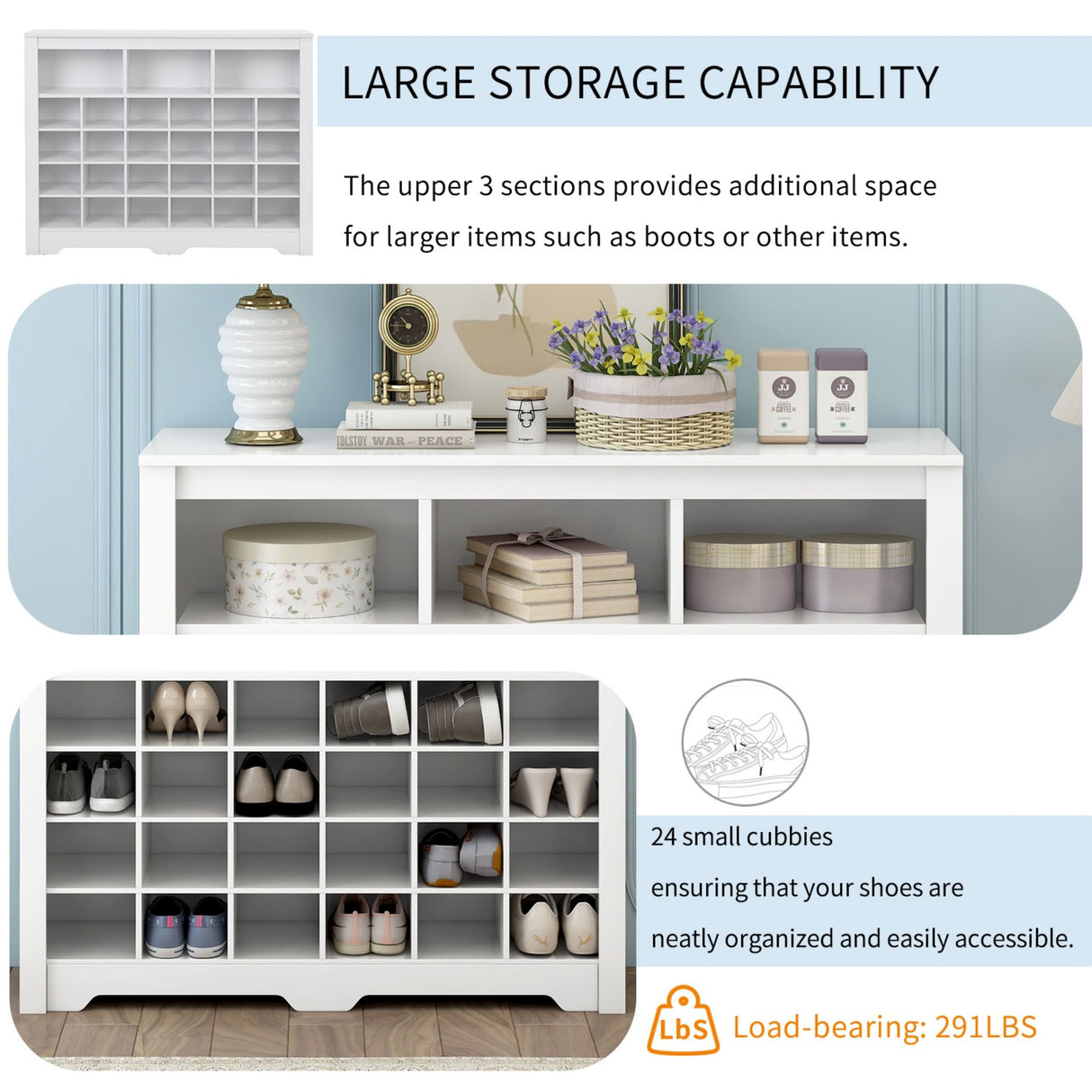 24 Shoe Cubby Console, Shoe Cabinet - White