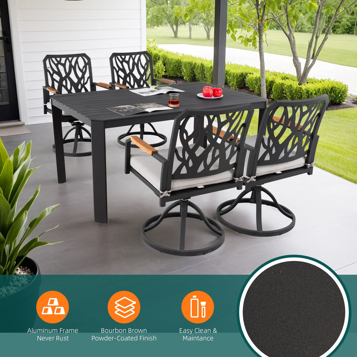 Outdoor Patio Furniture Dining Set With Sunbrella Fabric, Rectangular Table With Umbrella Hole