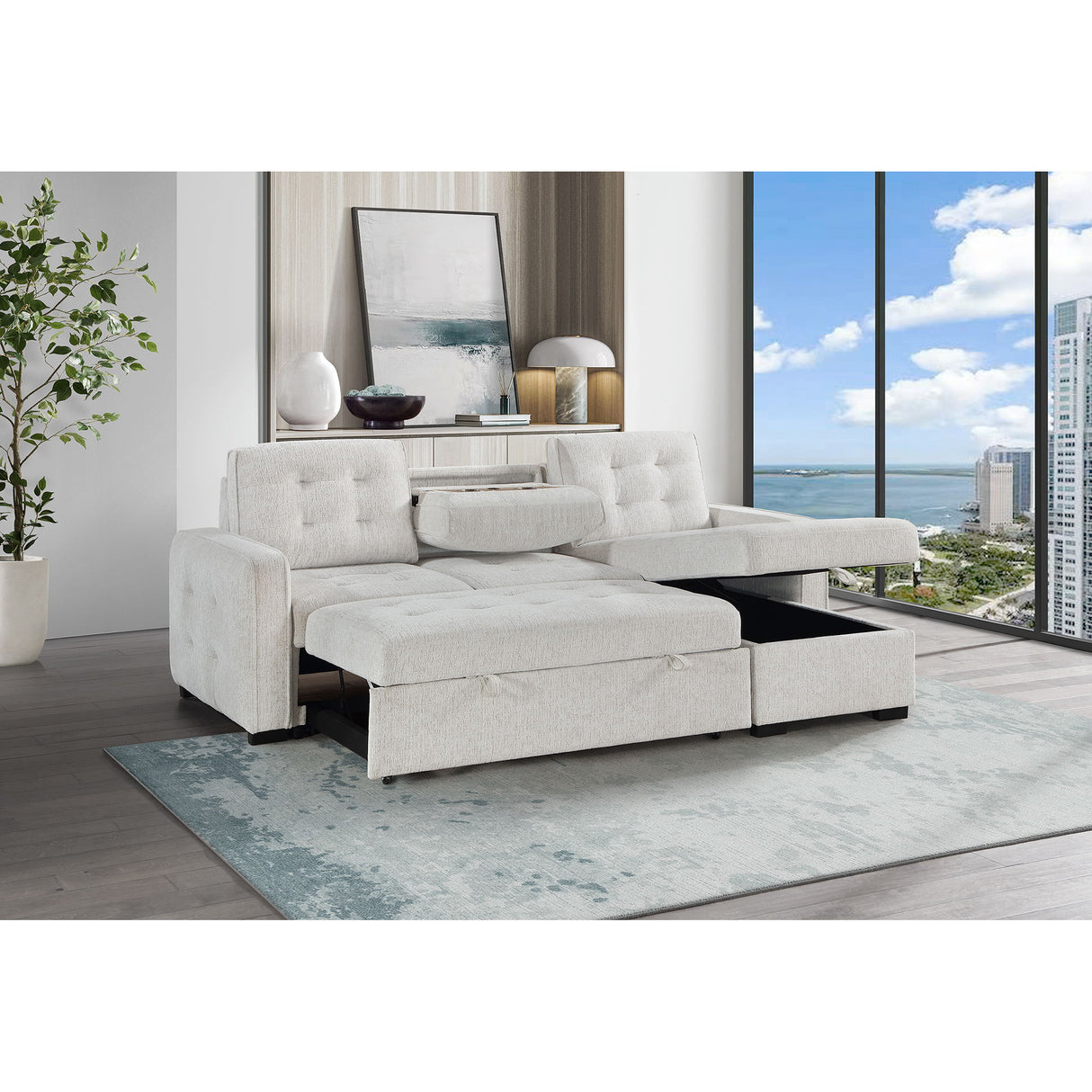 Gustavo - Sofa, Pull Out Bed, Storage Chaise, USB And Cup Holders - Beige