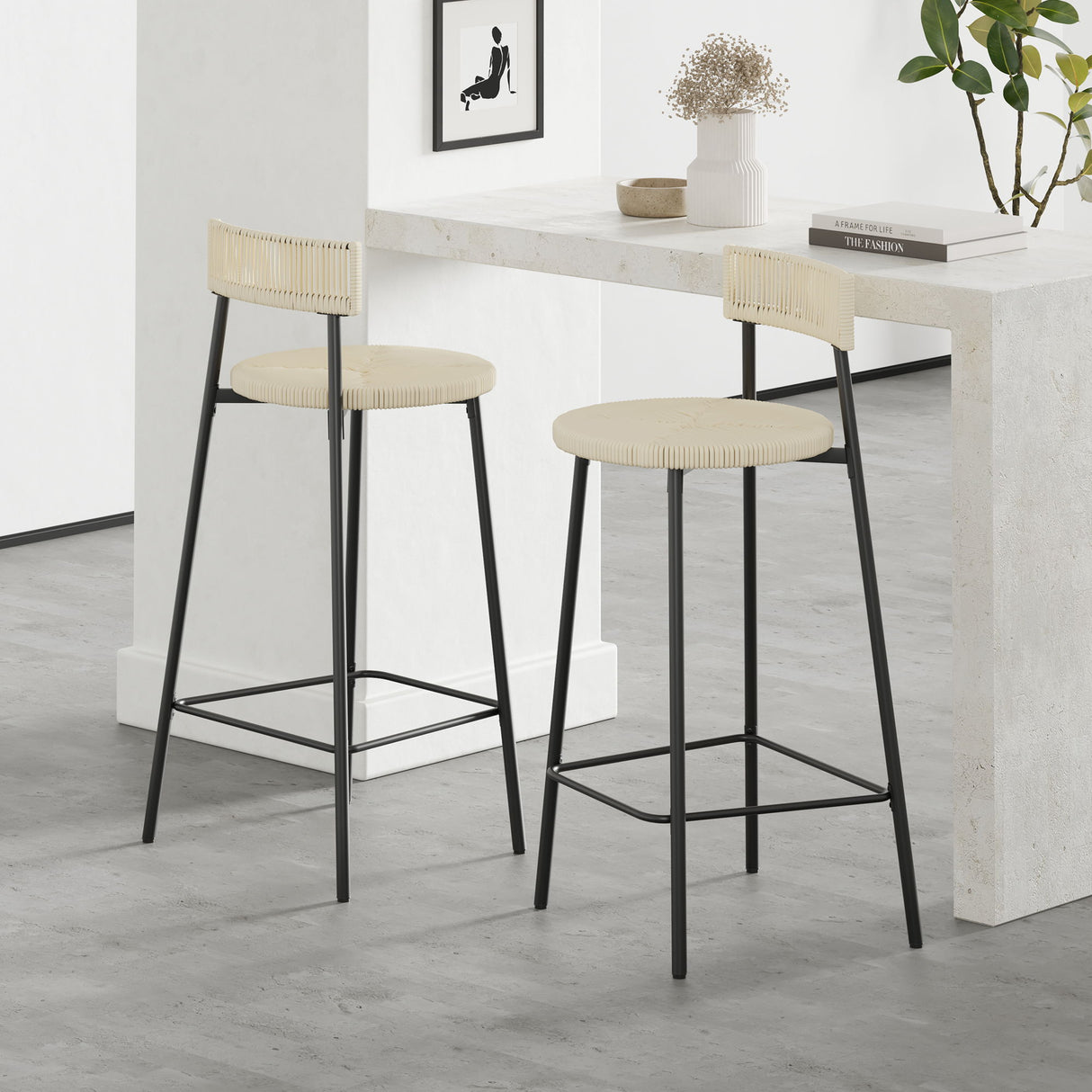 Boho Style Handwoven Paper Rope Counter Stools (Set of 2)