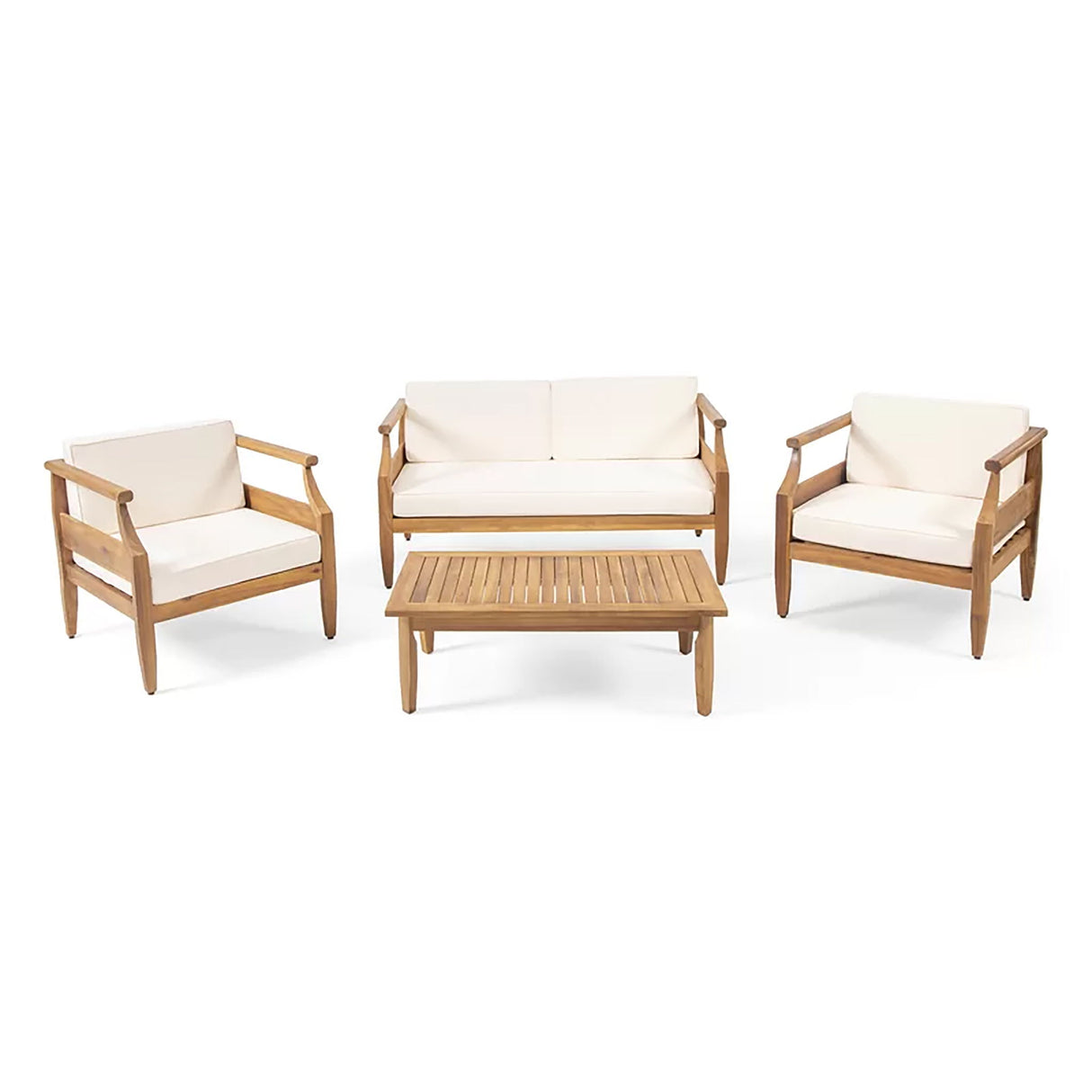 Alluvion - 4 Piece Wood Outdoor Patio Conversation Set With Cream Cushions - Teak / Beige