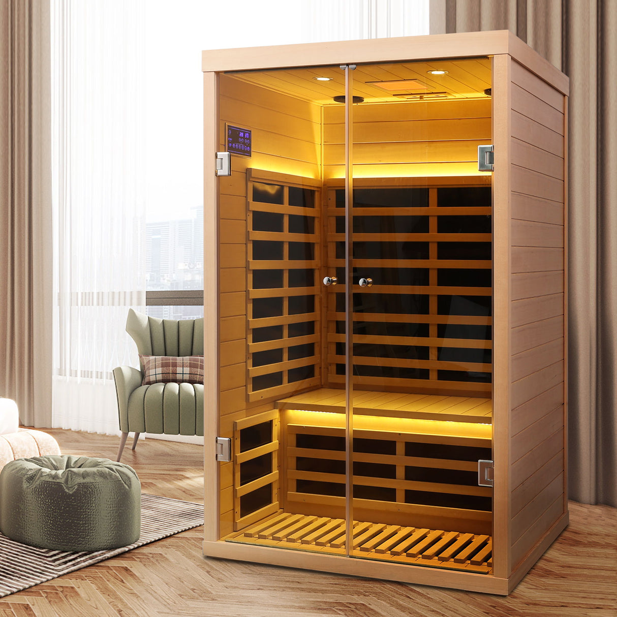 Low EMF, Wide Space Hemlock Double Doors Great Glass Luxury Indoor Far Infrared Sauna Room