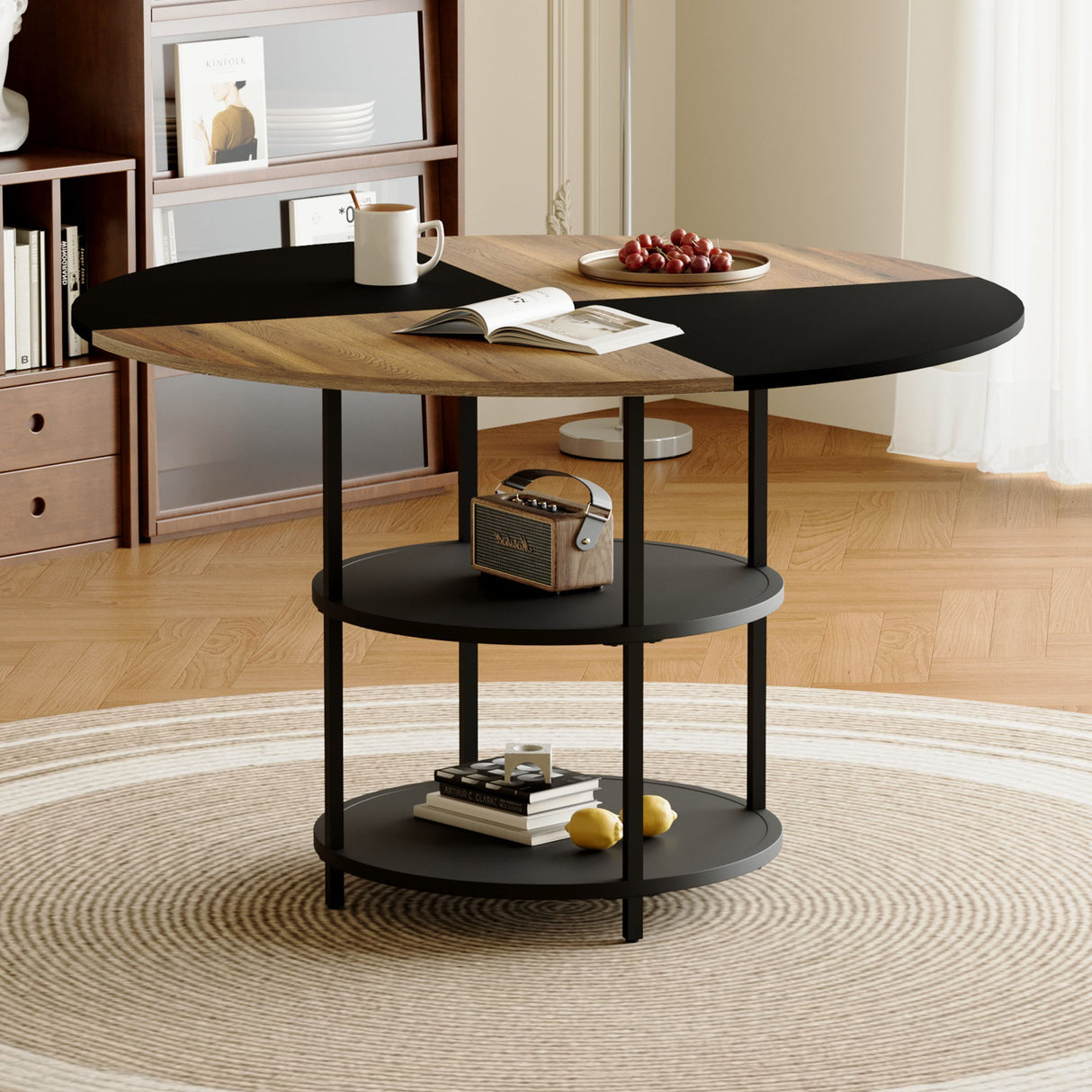 Diameter - Modern Splicing Circular Dining Table Double Layer Storage - Wood / Black