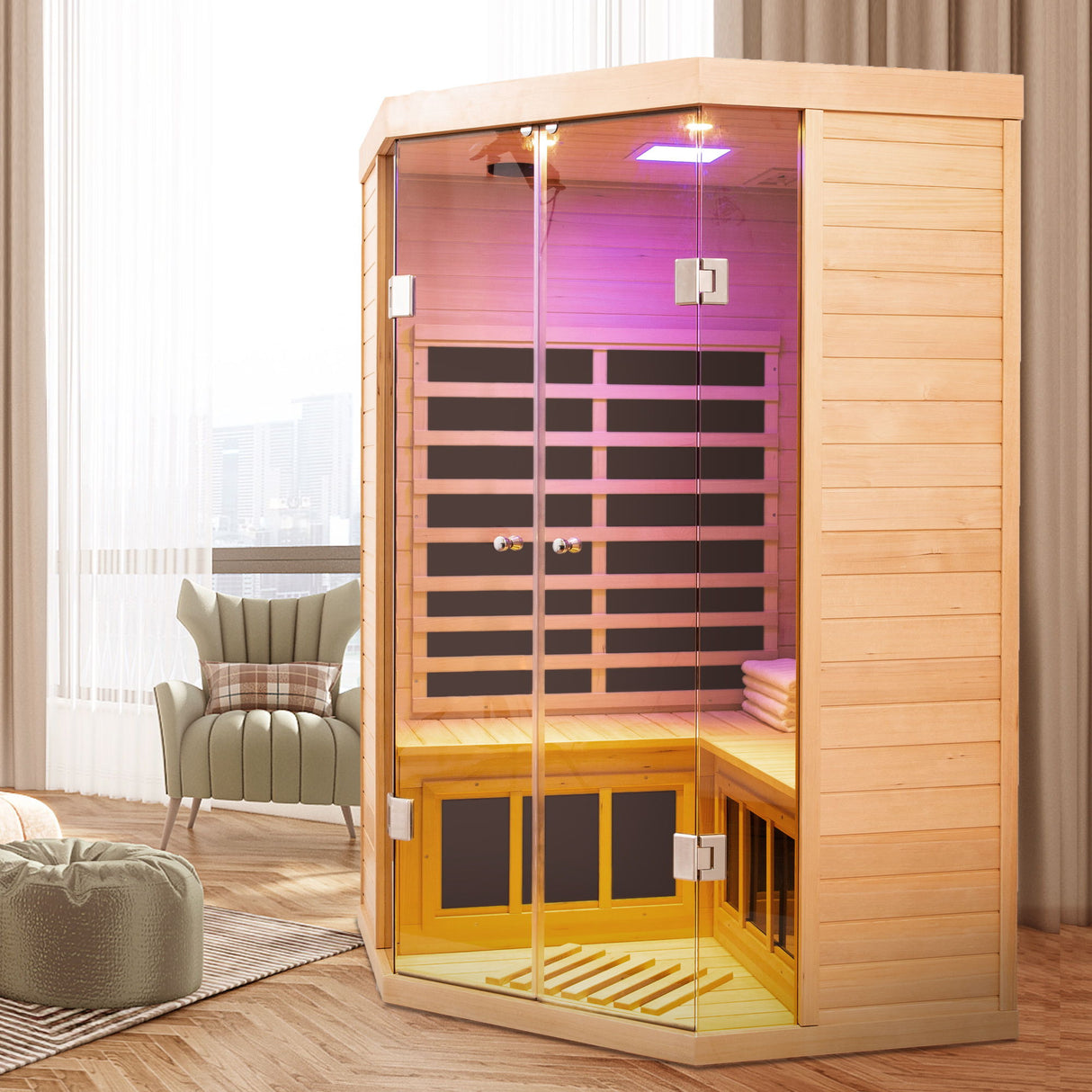 2 Persons Large Glass Front Deluxe Version Hemlock Far Infrared Corner Sauna Room - Natural