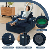 Modern Style Armchair Chaise Lounge Sofa Couch With Movable Storage Ottoman, USB Ports, Cup Holders, Phone Holder, Side Pockets