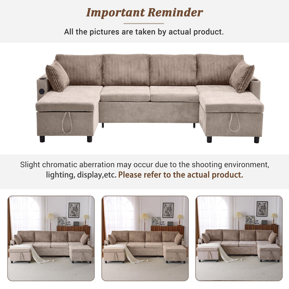 Sectional Sofa Bed With Pull Out Sleeper, USB Ports, Cup Holders