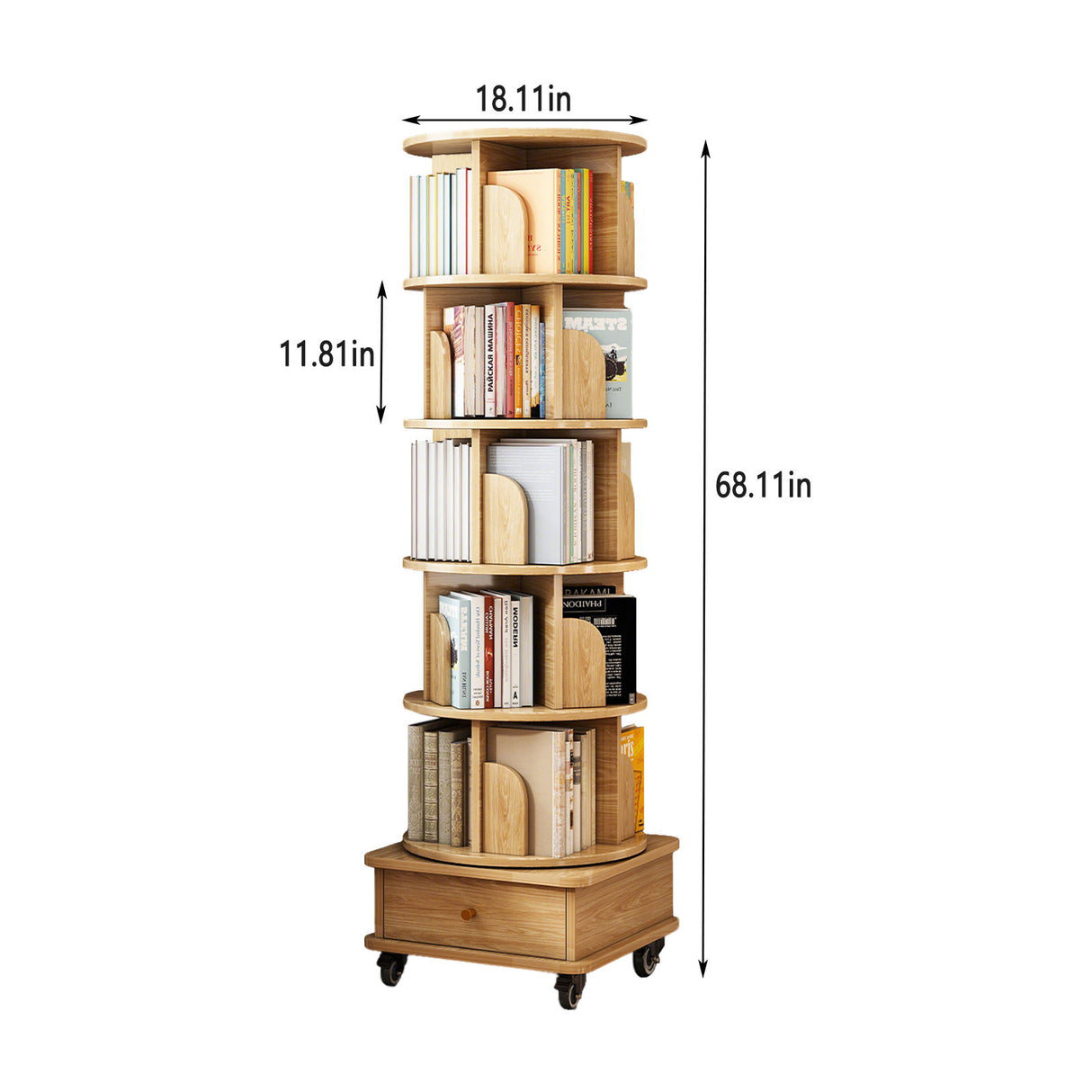 6 Tier Rotating Bookshelf With Wheels And Drawer, 360° Spinning Design, Space Saving Storage, For Home - Wood