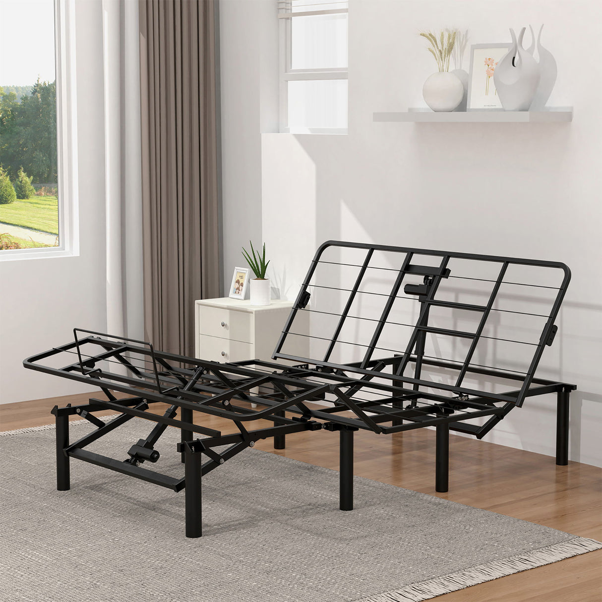 Adjustable Bed Base Frame With Head And Foot Incline, Quiet Motor, Queen Size Steel, Dual USB A, C Ports - Black