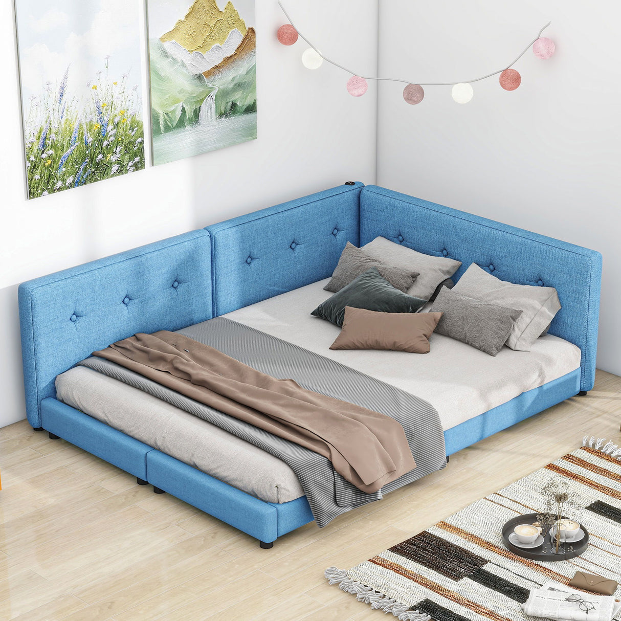Modern Upholstered Platform Bed With USB Ports And LED Belt