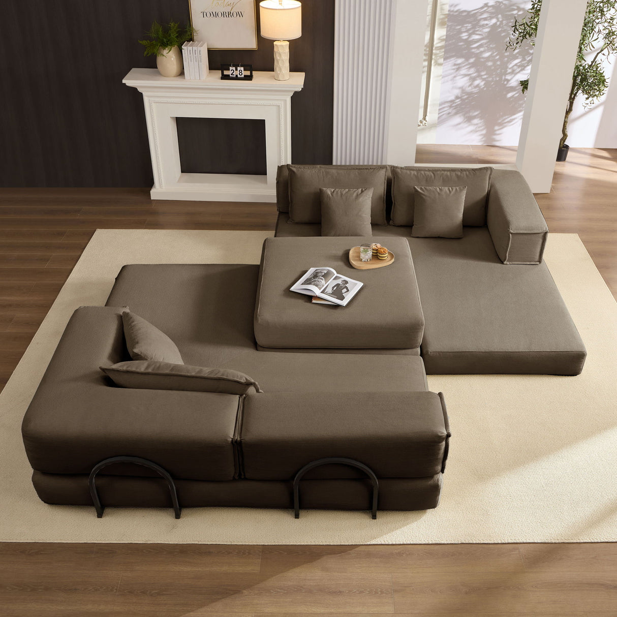 Modular L Shaped Floor Living Room Sofa Set With 6 Pillows