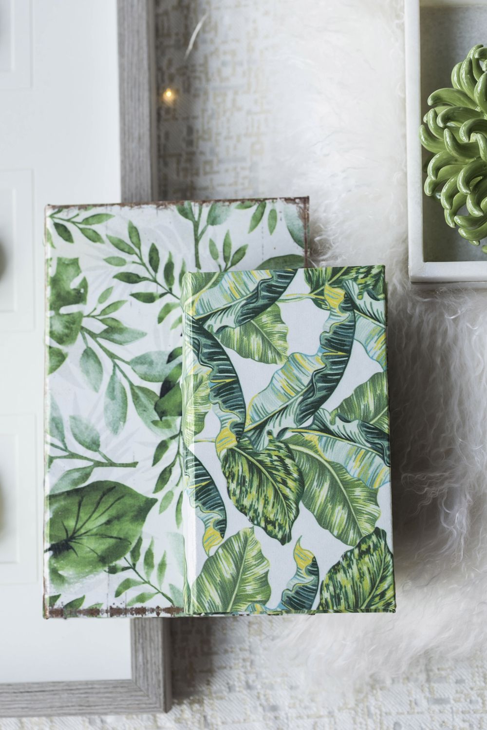 Botanical And Book Boxes (Set of 2) - White / Green