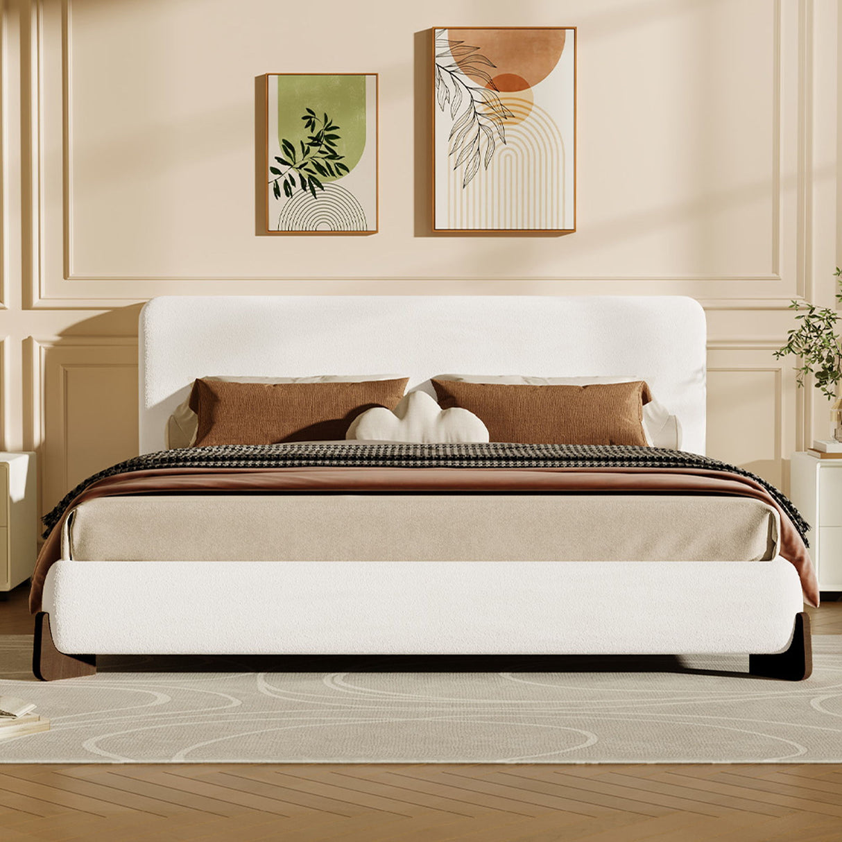 Elegant Boucle Upholstered Bed With Solid Wood Legs